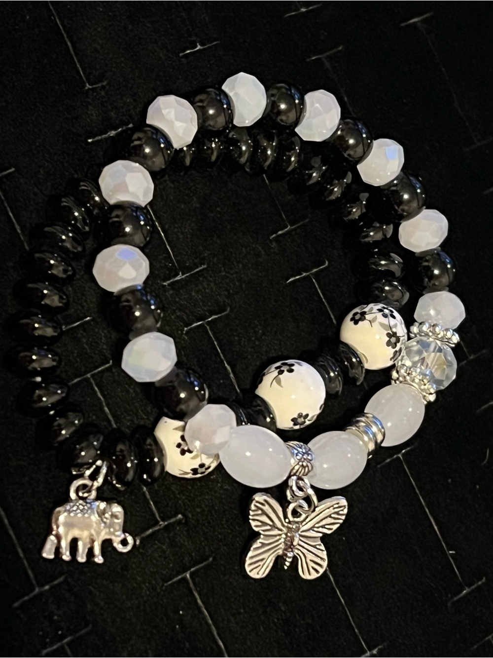 Handcrafted Black & White Beaded Bracelet Set with Butterfly Charm
